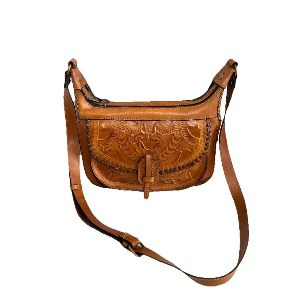 Patricia Nash Camille Tan Tooled Leather Crossbody Purse Saddle Bag Whipstitch - Picture 1 of 16